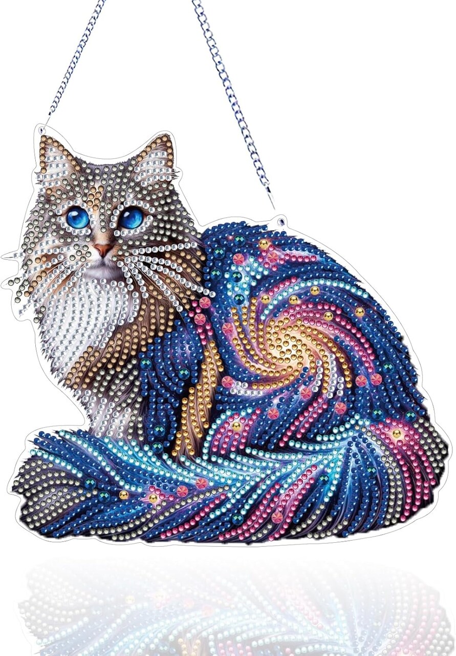 DIY Hanging Diamond Painting Kit for Adults – Cat 5D Gem Art Suncatcher, Home Wall Decor & Gift, Complete Box Set